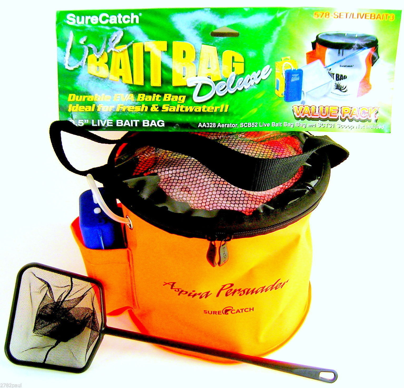 SURECATCH 9.5" LIVE BAIT BAG KIT AERATOR & SCOOP NET