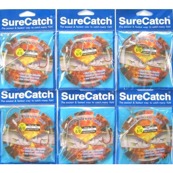 6 x Size 6/0 Surecatch Live Squid Rigs - Pre-Rigged Squid Fishing Rigs with 50lb Line