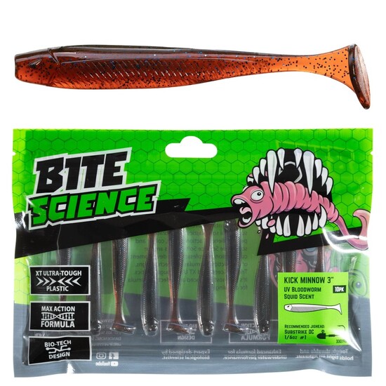 10 Pack of 3 Inch Bite Science Kick Minnow Soft Plastic Lures - UV Bloodworm