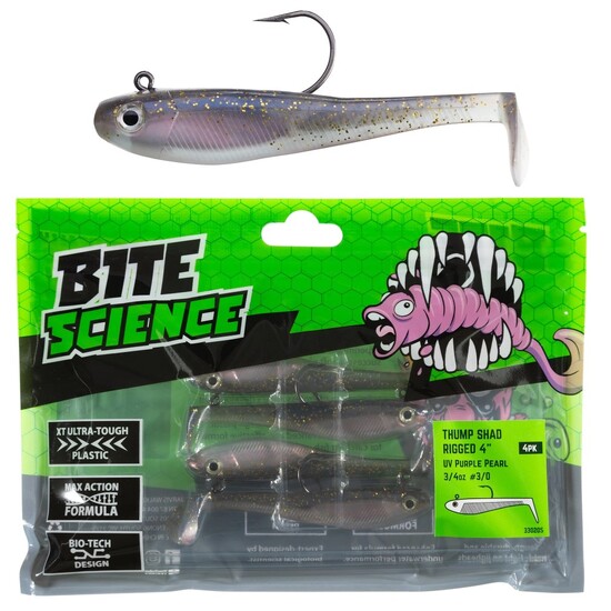 4 Pack of 4 Inch Bite Science Thump Shad Soft Plastic Lures - UV Purple Pearl