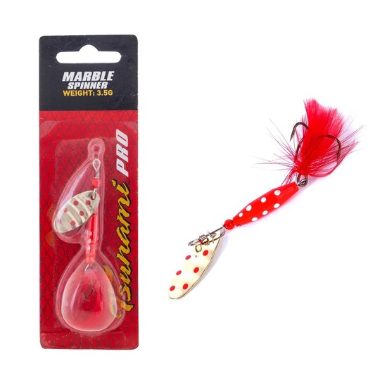 3.5gm Red & White Dot, Gold/Red Tsunami Marble Spinner Lure with Red Feather