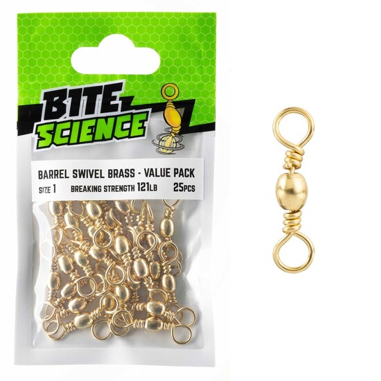 25 Pack of Size 1 Bite Science Brass Barrel Fishing Swivels - 121lb