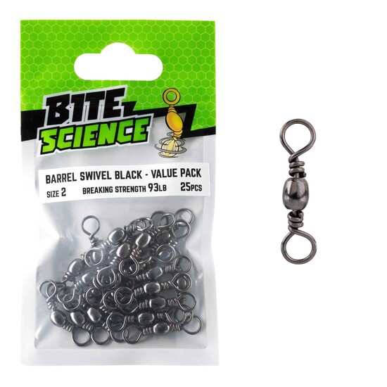 25 Pack of Size 2 Bite Science Black Barrel Fishing Swivels - 93lb