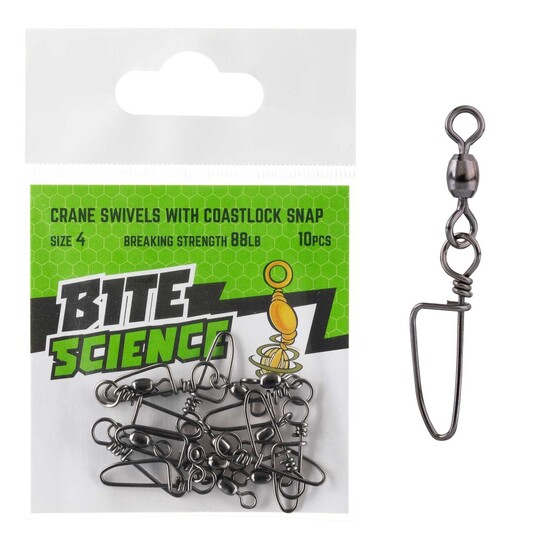 10 Pack of Size 4 Bite Science Black Crane Swivels with Coastlock Snaps - 88lb