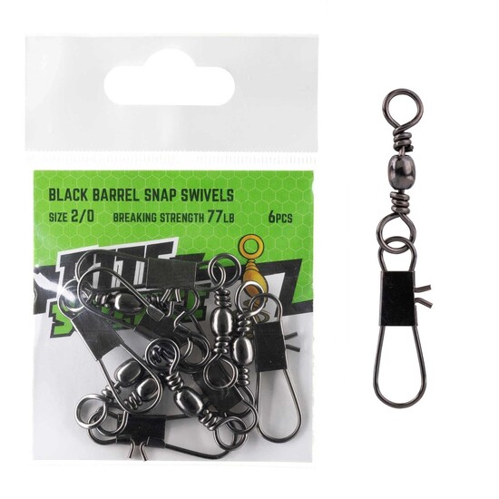 6 Pack of Size 2/0 Bite Science Black Barrel Fishing Swivels with Snaps - 77lb