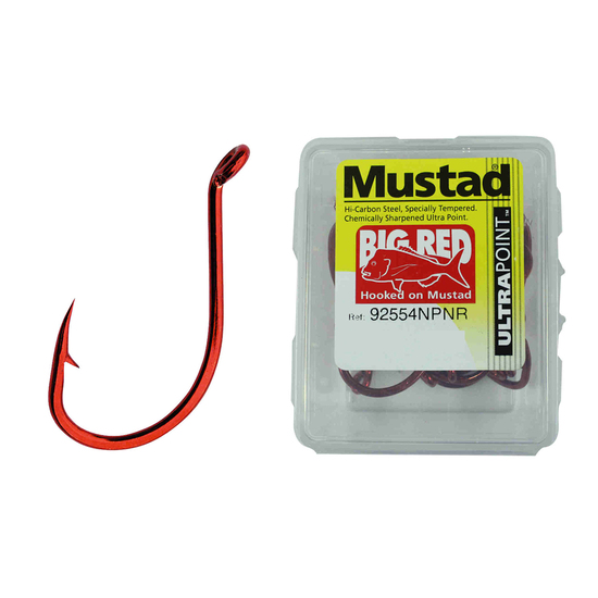 1 Box of Mustad 92554NPNR Big Red Chemically Sharpened Fishing Hooks