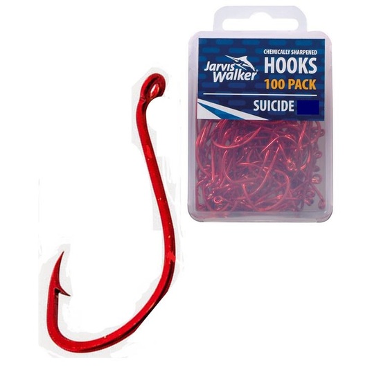 100 x Jarvis Walker Size 1/0 Suicide Octopus Hooks - Red Chemically Sharpened 1