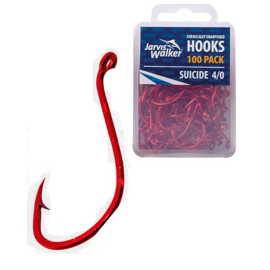 100 x Jarvis Walker Size 4/0 Suicide Octopus Hooks - Red Chemically Sharpened