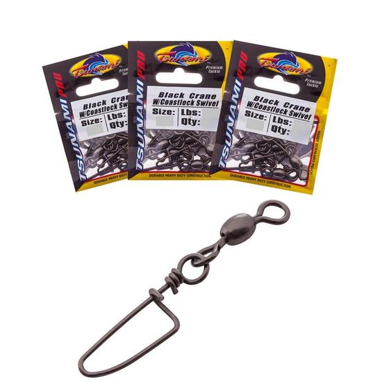 Bulk 3 Pack Tsunami Black Crane Swivels With Coastlock Snap - 7 Sizes To Choose From