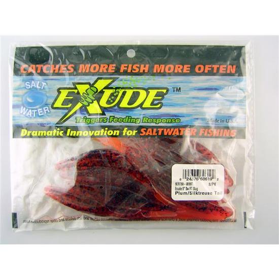 EXUDE 5" RT SLUG LURE-PLUM SILKTREUSE TAIL-SOFT PLASTIC WITH FISH ATTRACTANT OIL