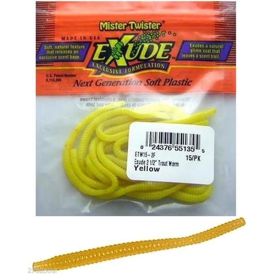 EXUDE 2 1/2" TROUT WORM - YELLOW - SOFT PLASTIC LURE WITH FISH ATTRACTANT OIL