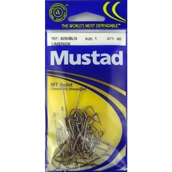 SIZE 1 MUSTAD 8260BLN M.T POINT LIMERICK HOOKS QTY 40 FISHING HOOKS
