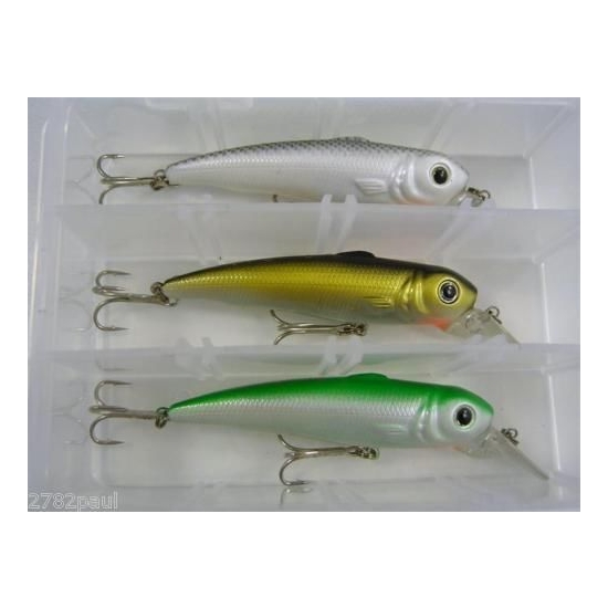 3 Pack MINNOW FISHING LURES in TACKLE BOX 70mm 9g - NEW