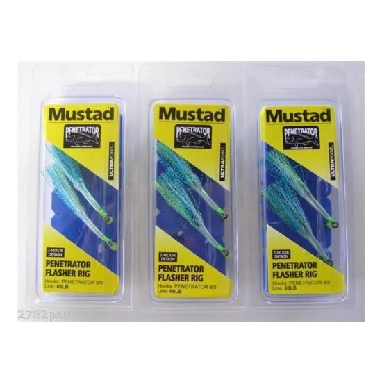 3 x Size 8/0 Mustad Penetrator Flasher Rigs - Colour 2A - 2 Hook Snapper Rigs