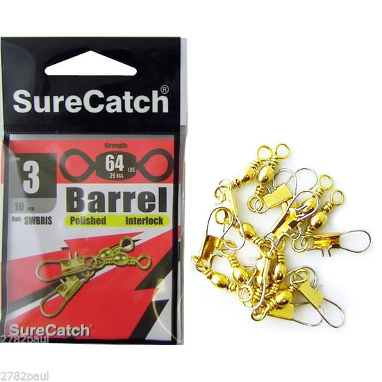 FISHING SWIVELS - BARREL INTERLOCK - SIZE 3 - 64LB - SURECATCH POLISHED BRASS