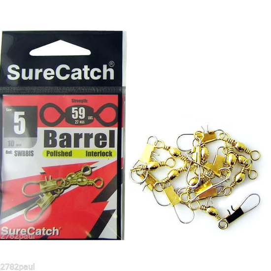 FISHING SWIVELS - BARREL INTERLOCK - SIZE 5 - 59LB - SURECATCH POLISHED BRASS