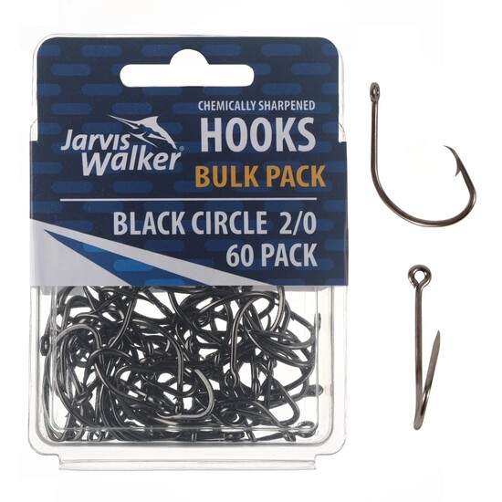 60 Pack of Size 2/0 Jarvis Walker Chemical Sharpened Black Circle Fishing Hooks