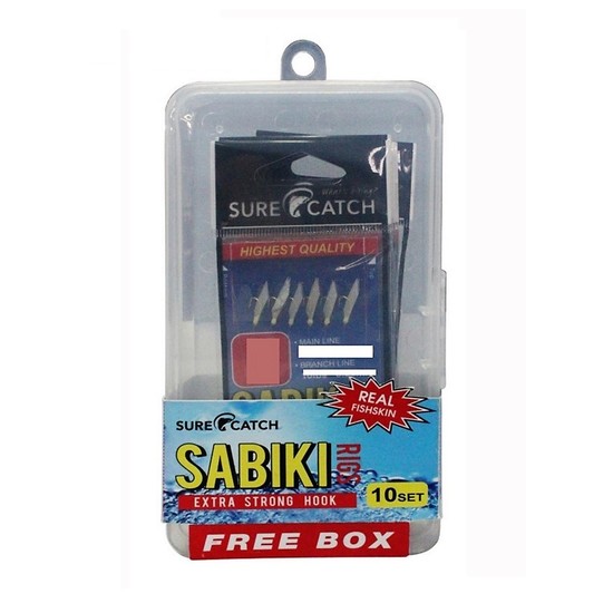 10 Pack of Surecatch Sabiki Rigs in Tackle Box - 10 x Real Fish Skin Bait Jigs (Size 8)