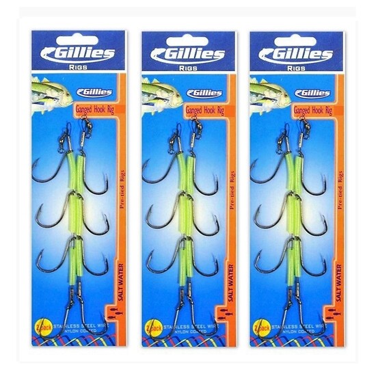 6Pce Gillies Size 3/0 Ganged Hook Rigs-Pre Rigged on 15kg S/S Nylon Coated Wire