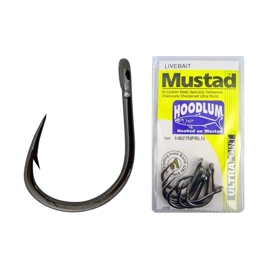 Mustad Hoodlum Size 1/0 Qty 12 - 10827npbln -Live Bait Chemically Sharpened Hook