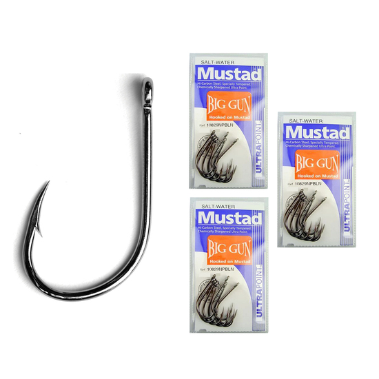 Mustad Big Gun Size 1/0-10829npbln- Bulk 3 Pack-Kirbed Chemically Sharpened Hook