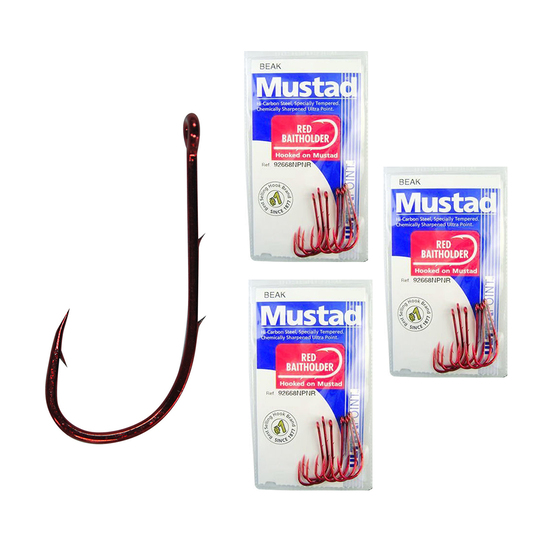 Mustad Red Baitholder Size 3/0-92668npnr -Bulk 3 Pack-Chemically Sharpened Hooks