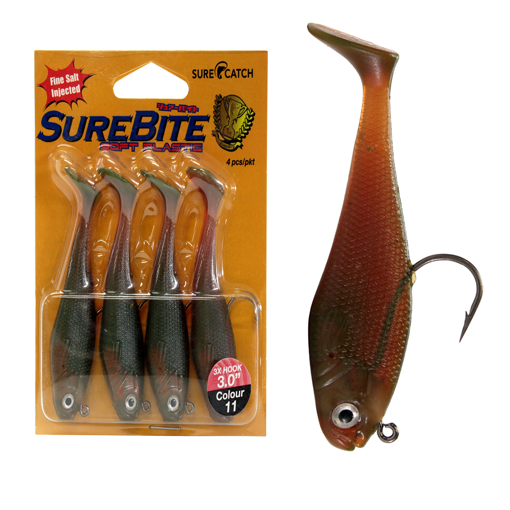 4 Pack of 3 Inch SureBite 3D Shad Soft Plastic Fishing Lures Rigged