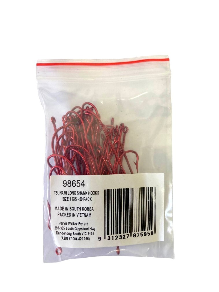 50 Pack of Tsunami Size 1 Red Long Shank Hooks - Chemically