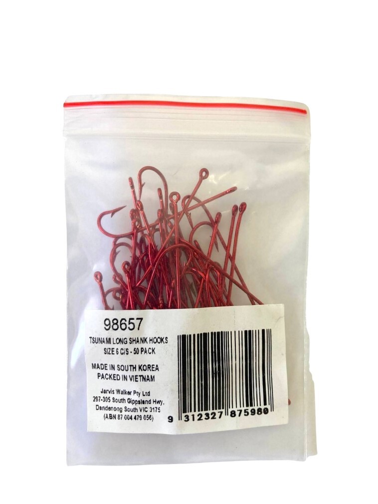 50 Pack of Tsunami Size 6 Red Long Shank Hooks - Chemically