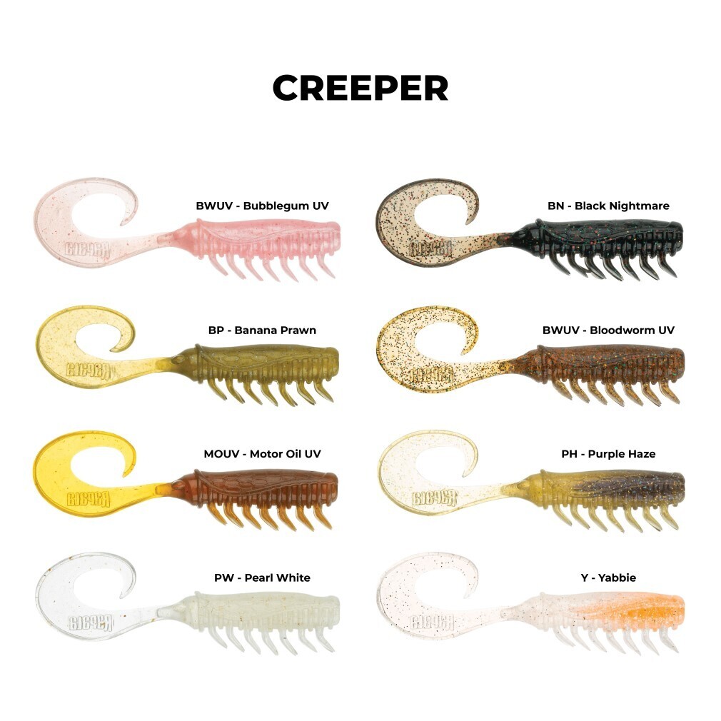 8 Pack of 2.5 Inch Rapala Crush City Creeper Soft Plastic Curly Tail Lures  - Motor Oil UV