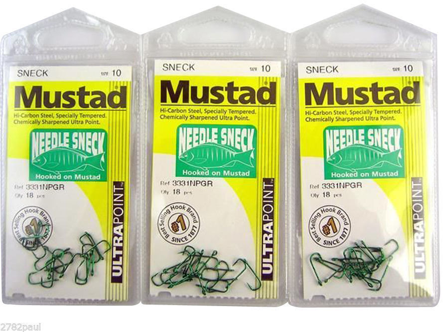 10 Packs of Mustad 3331NPGR Needle Sneck Weed Chemically Sharp Fishing Hooks