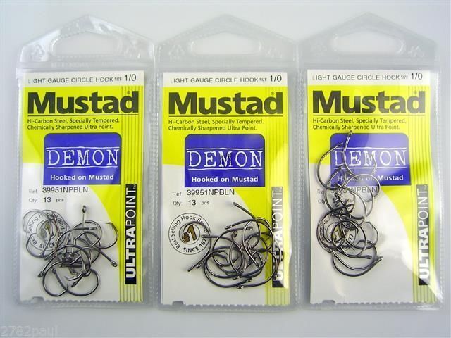 Mustad Demon Circle Hooks Size 1/0- Bulk 3 Pack -39951npbln Chemically  Sharpened