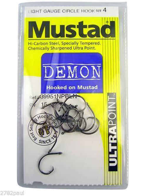 MUSTAD DEMON CIRCLE HOOKS SIZE 4 QTY 15 - 39951NPBLN CHEMICALLY SHARPENED  HOOKS