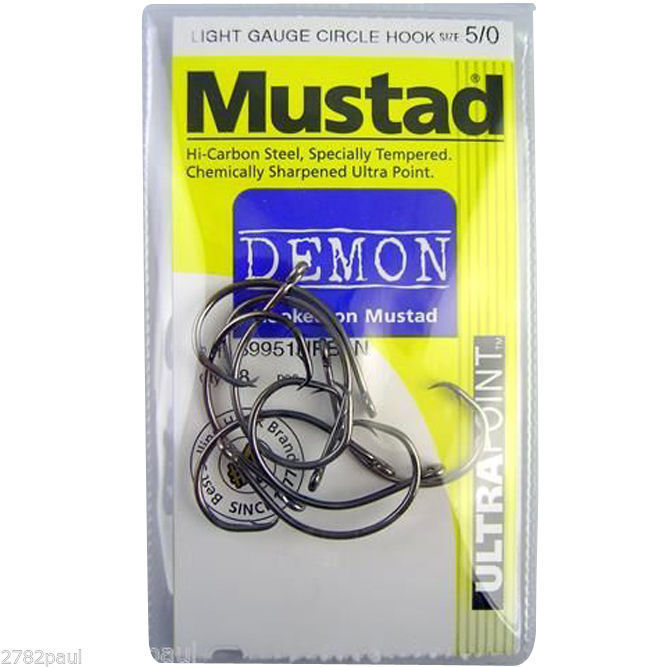 Mustad Demon Circle Hooks Size 5/0 Qty 8 - 39951npbln Chemically Sharpened  Hooks