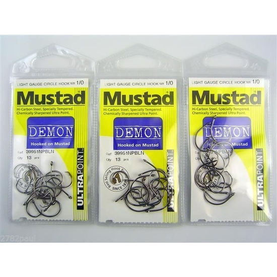 Mustad Demon Circle Hooks Size 1/0- Bulk 3 Pack -39951npbln Chemically  Sharpened