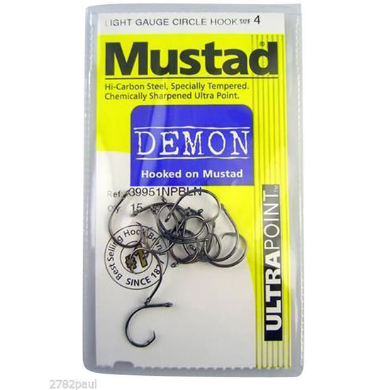 MUSTAD DEMON CIRCLE HOOKS SIZE 4 QTY 15 - 39951NPBLN CHEMICALLY SHARPENED  HOOKS