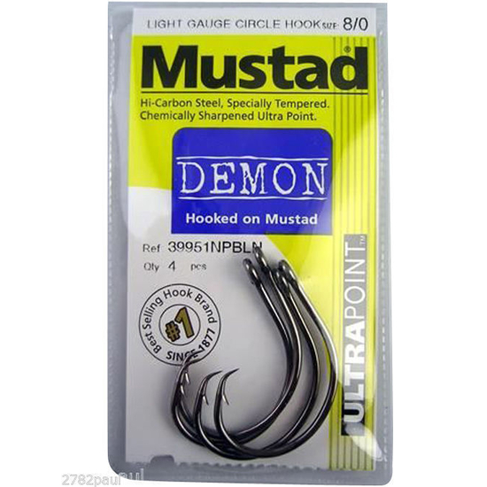 Mustad Demon Circle Hooks Size 8/0 Qty 4 - 39951npbln Chemically Sharpened  Hooks
