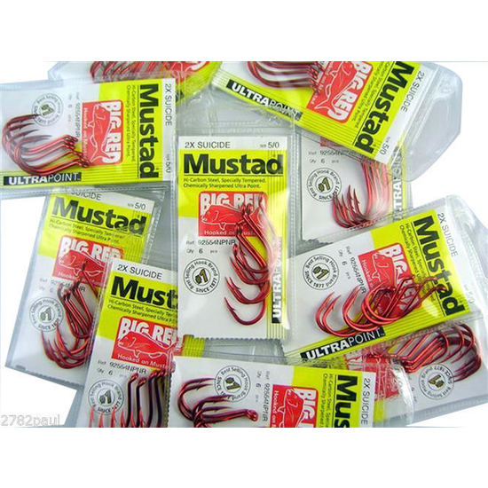 10 Packs of Mustad 92554NPNR Big Red Chemically Sharp Fishing Hooks