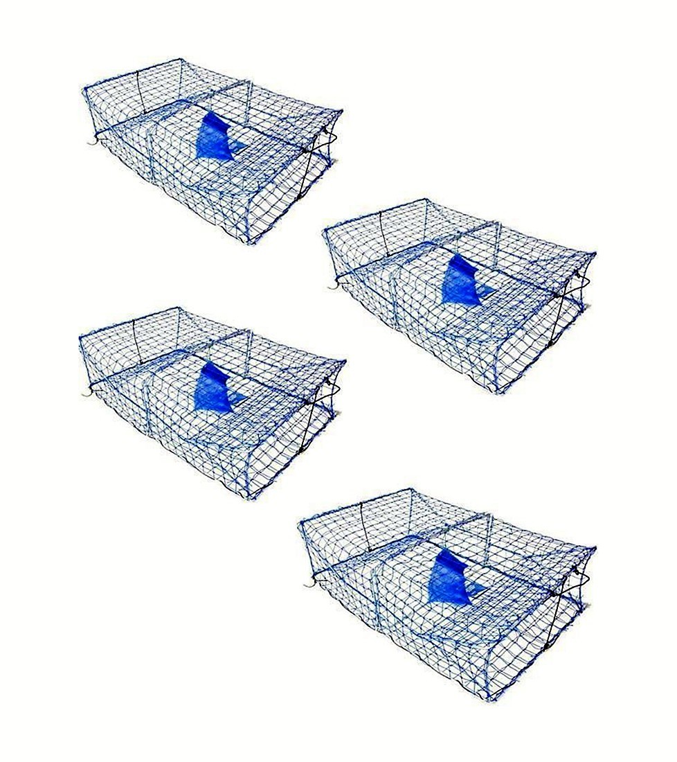 4 X WILSON HEAVY DUTY RECTANGULAR CRAB TRAPS - 2 ENTRY CRAB POTS - BLUE MESH