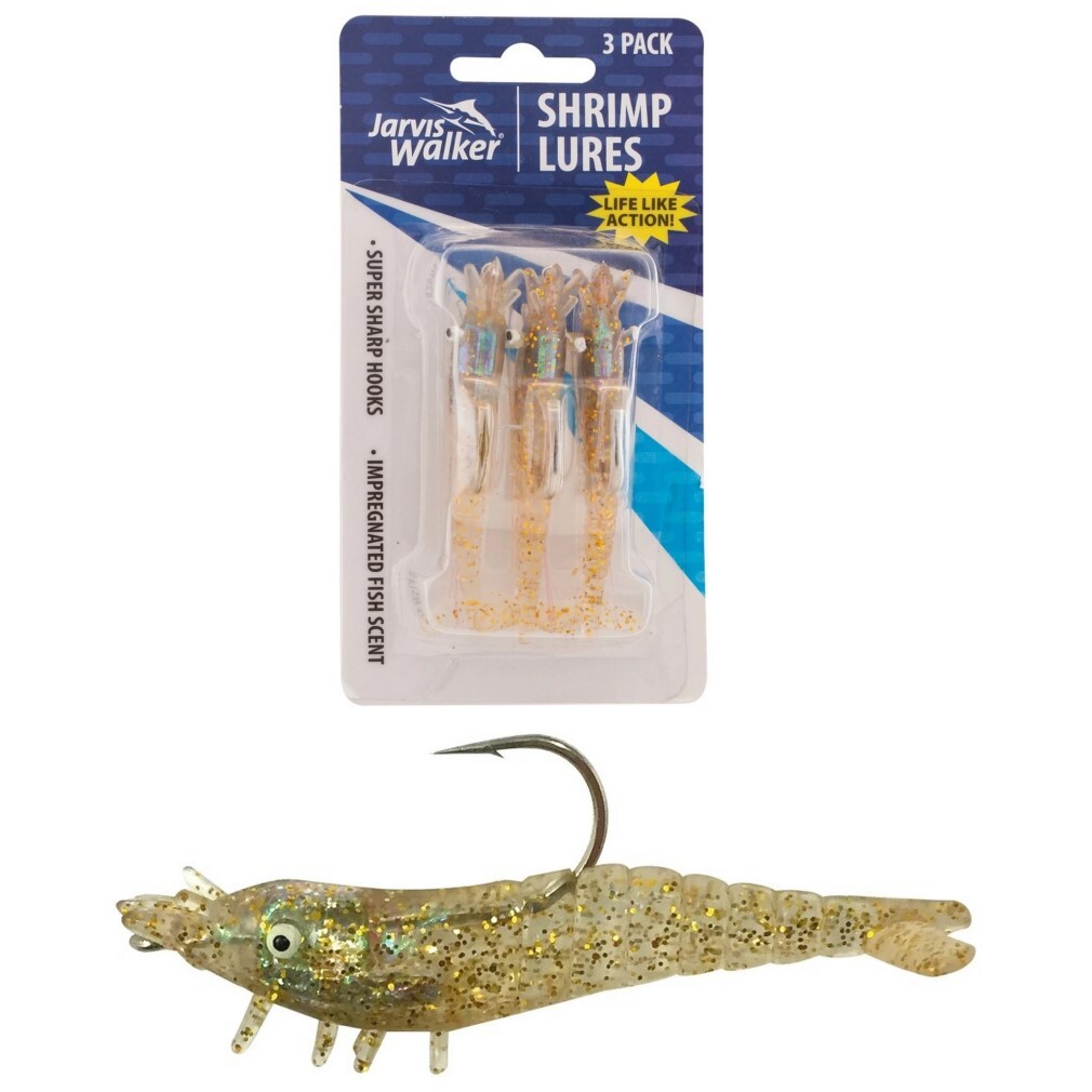 3 Pack of Rigged Jarvis Walker Scented Shrimp Soft Body Lures-Clear  Gold/Glitter