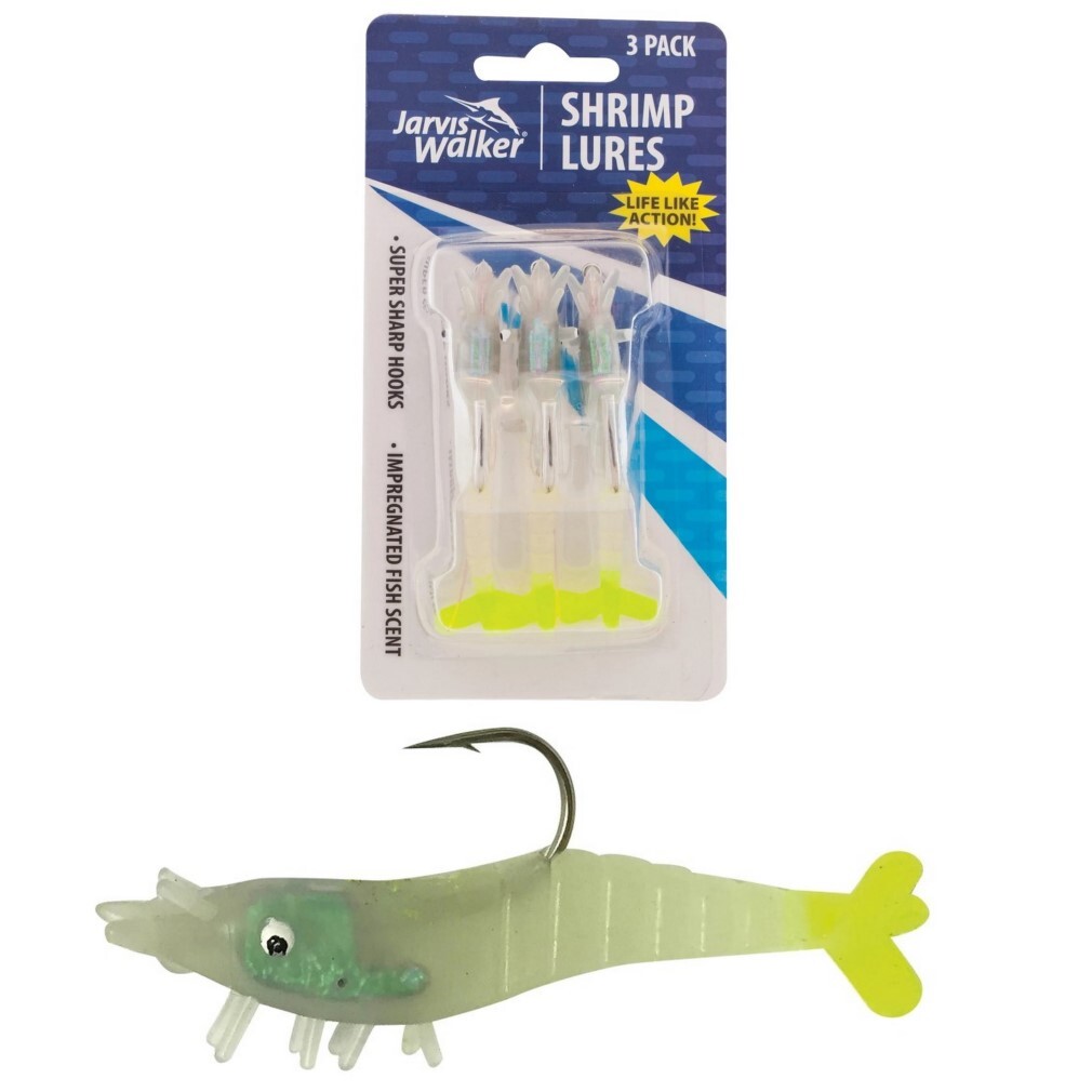 3 Pack of Rigged Jarvis Walker Scented Shrimp Soft Body Lures - Glo  Chartreuse