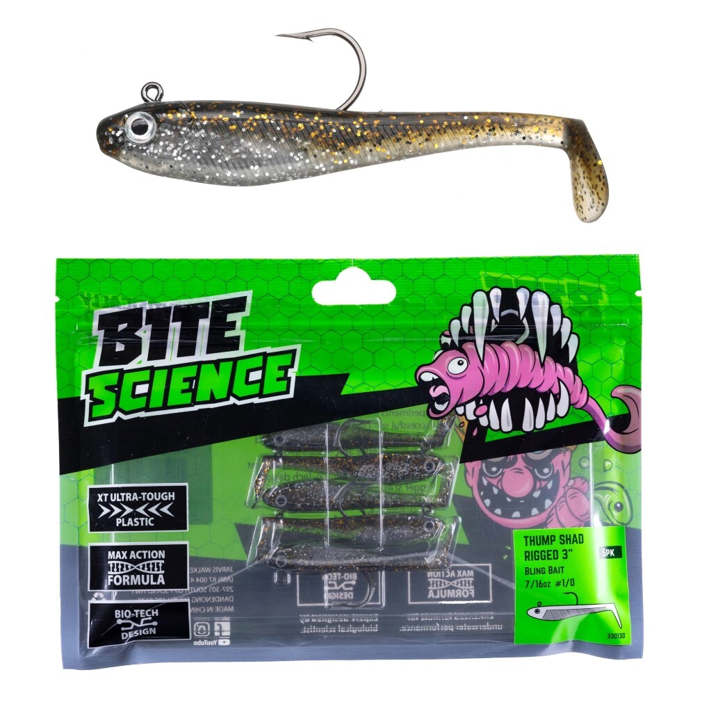 5 Pack of 3 Inch Bite Science Thump Shad Rigged Soft Plastic Lures