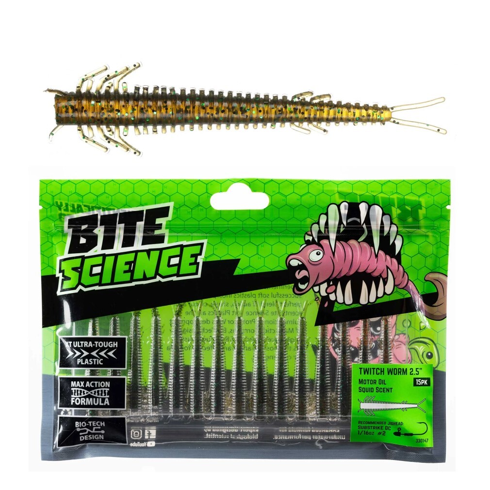 15 Pack of 2.5 Inch Bite Science Twitch Worm Soft Plastic Lures - Motor Oil