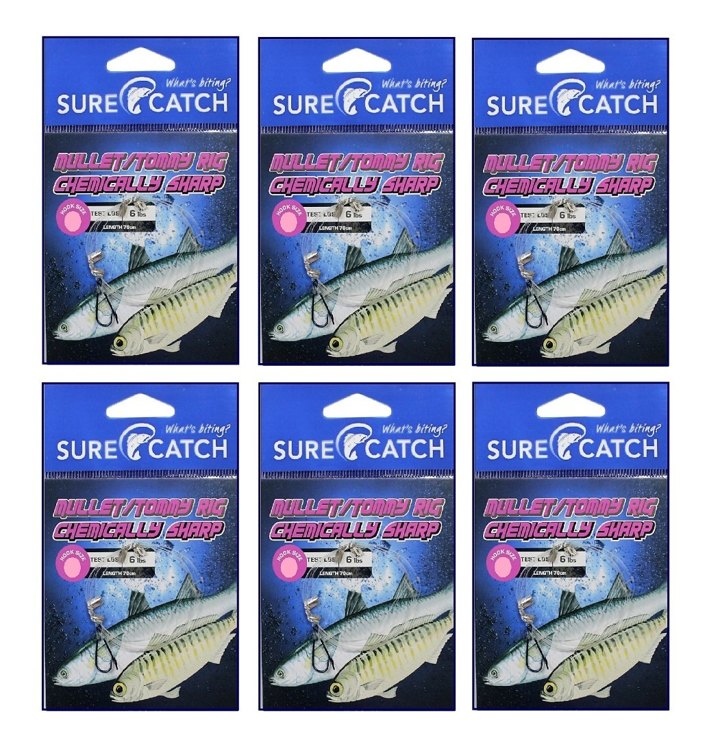 6 Pack of Surecatch Pre-Tied Mullet Rigs with Chemically Sharpened