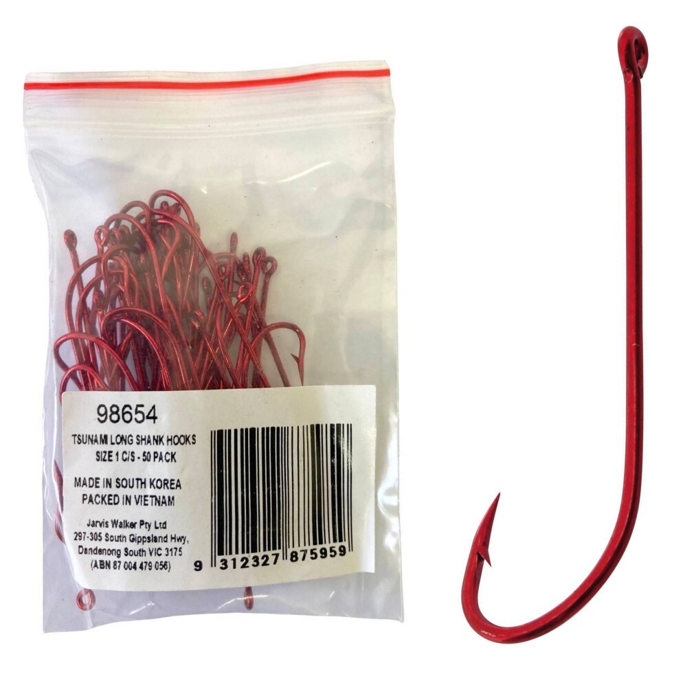 50 Pack of Tsunami Size 1 Red Long Shank Hooks - Chemically Sharpened Worm  Hooks