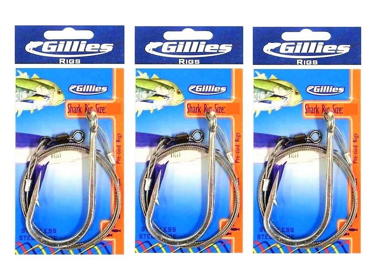 3 x Gillies Size 10/0 PreTied Shark Rig 100lb Wire Stainless Steel Fishing Hook
