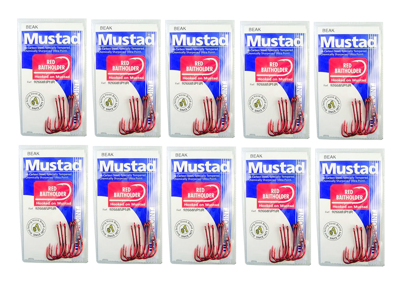 10 Packs of Mustad 92668NPNR Red Baitholder Chemically Sharp Fishing Hooks