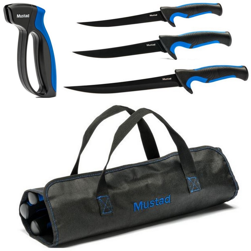 Mustad Fish Filleting Kit - 3 x Fishing Knives,Knife Sharpener in Roll