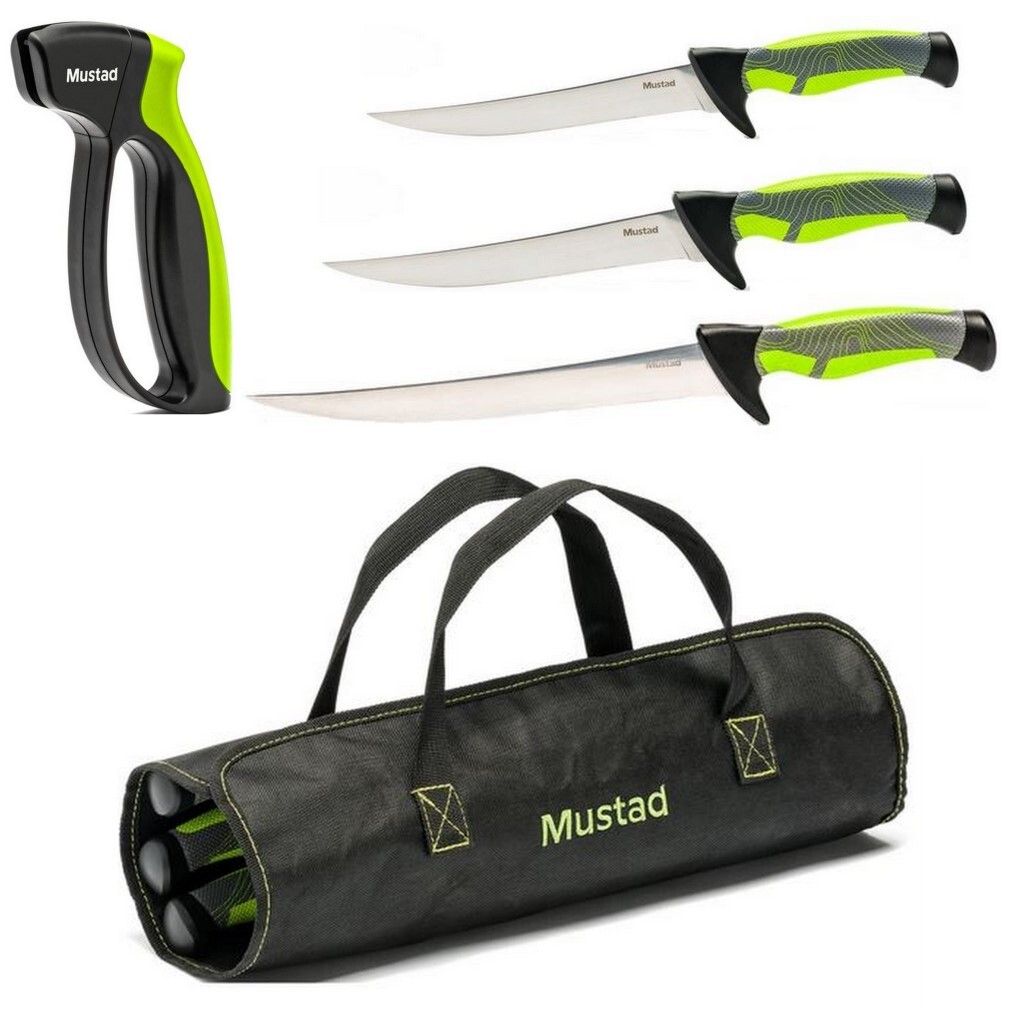 Mustad Pro Fish Filleting Kit -3 x Fishing Knives,Knife Sharpener in Roll  Up Bag