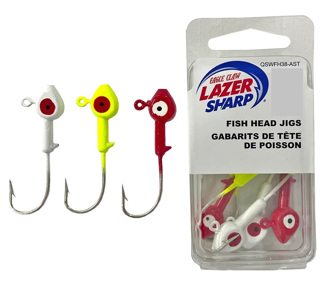 10 Pack of 1/4oz Size 2/0 Eagle Claw Lazer Sharp Fish Head Jigs-Assorted  Colours